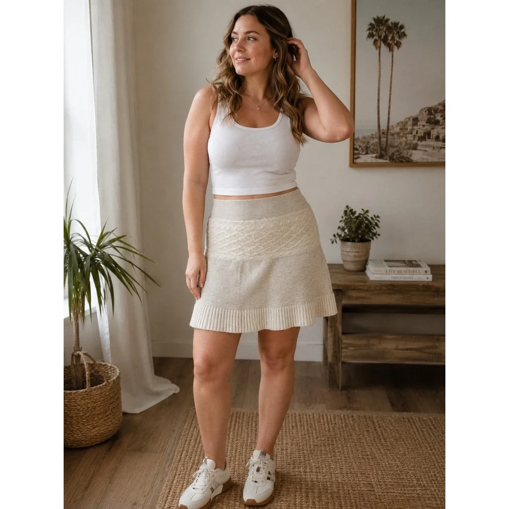 Akini‎ Knit Sweater Skirt Womens Small Cream Oatmeal Wool Blend Ruffle Hem Boho